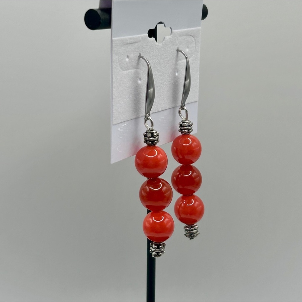Vibrant Silver and Red-Orange Glass Beaded Drop Earrings
